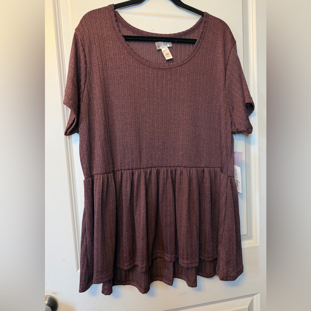 Just be 3X Short Sleeve Peplum Ribbed Knit Blouse